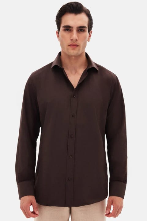 D'S Damat اسلیم فیت کلاسیک یقه کراواتی آستین بلند قهوه ای تیره با قابلیت اتوپذیری آسان