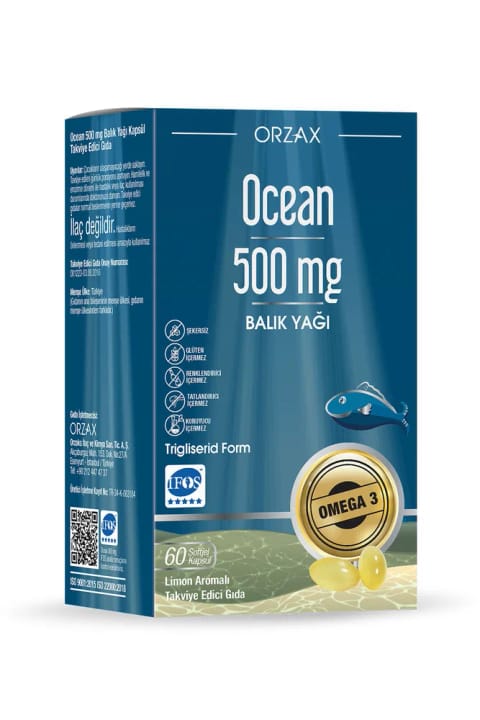 Ocean Orzax 500mg خالص روغن ماهی با طعم لیمو، بلیستر 60 کپسول