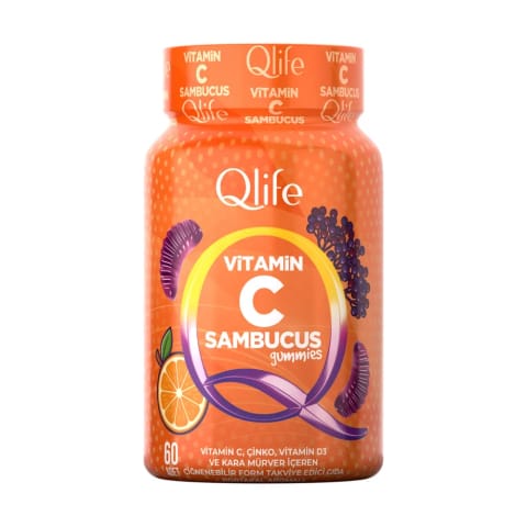 Qlife Sambucus Gummies حاوی ویتامین C، ویتامین D، زینک و عصاره آقطی سیاه ۶۰ عددی