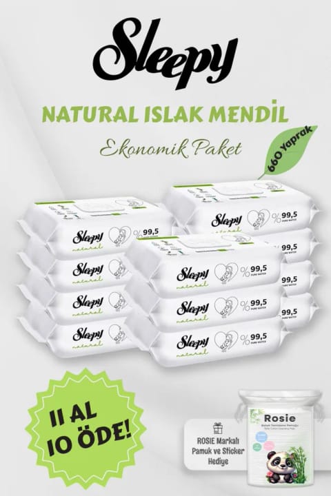 Sleepy 11 AL 10 ÖDE Natural نوزاد ۶۰ عددی دستمال مرطوب و ROSIE
