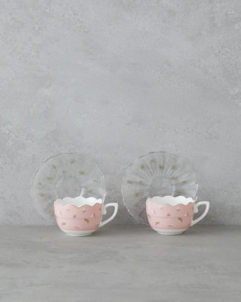 ست فنجان قهوه Charming New Bone China ۴ پارچه دو نفره با نعلبکی شیشه‌ای ۸۰ میلی‌لیتر صورتی - سبز
