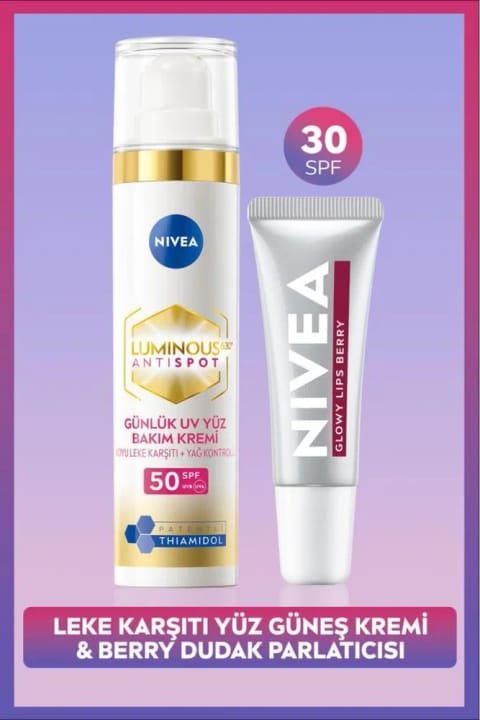 NIVEA SPF50 Luminous630 ضد لک کرم صورت و برق لب توت‌فرنگی
