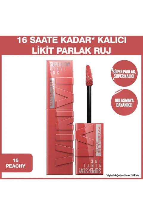 Maybelline New York Vinyl Ink رژ لب Peachy شماره 15