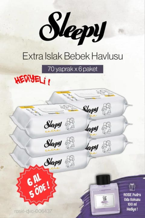 Sleepy Extra 70'li دستمال مرطوب کودک 6 عددی با هدیه 1 عددی، رایحه پودر بچه Rosie