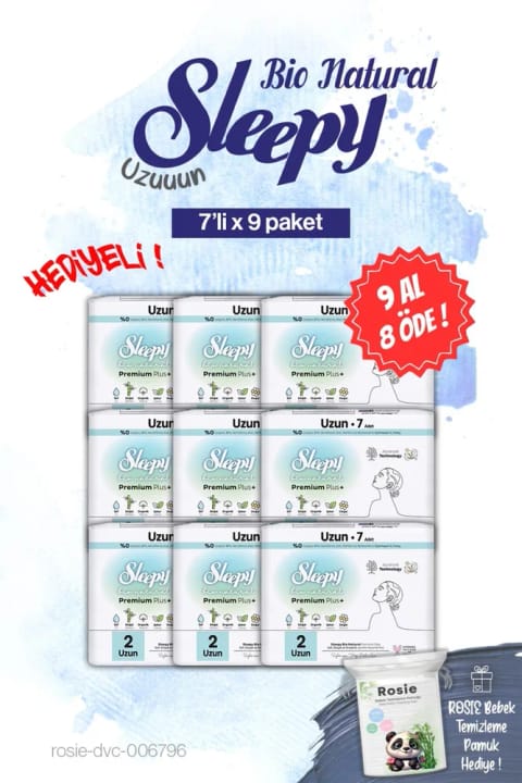 Sleepy Bio Natural نوار بهداشتی بلند ۷ عددی — ۹ بسته، همراه هدیهٔ Rosie