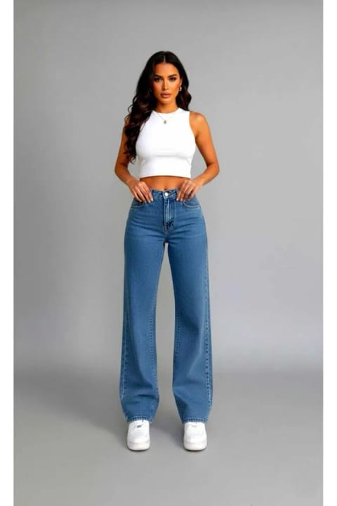 Lighter Jeans شلوار جین زنانه کمر بلند لیکرایی آبی متوسط پاچه گشاد – کش...