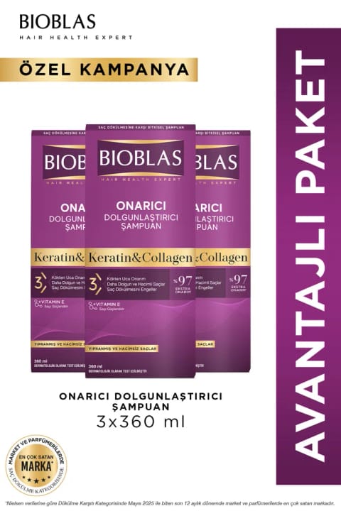 Bioblas شامپوی ترمیمکننده و حجمدهنده مو با کراتین و کلاژن ۳×۳۶۰ میلیلیتر