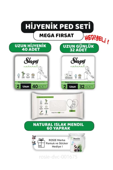نواربهداشتی اولترا حساس بلند Sleepy Natural (۴۰ عددی)، نوار روزانه (۳۲ عددی)، دستمال مرطوب Natural (۶۰ عددی) و پنبه بچه ROSIE