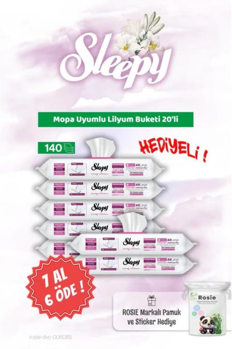 Sleepy دستمال تمیزکنندهٔ سازگار با موپ، رایحهٔ دستهٔ گل لیلیوم، ۲۰ عددی — ۷ بسته، همراه پنبهٔ کودک Rosie
