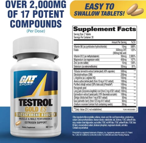 Gat Sport Testrol Gold Es Test Booster Tribulus Arginine Selenium Fenugreek Saw Palmetto Ginkgo Biloba 60 Tablet