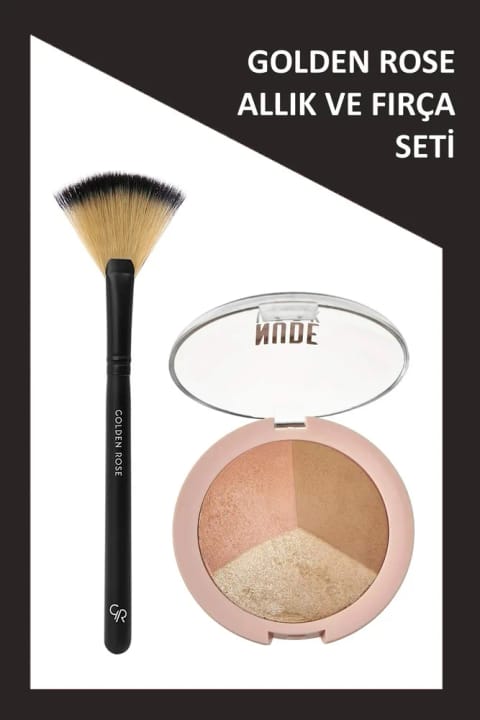 Golden Rose Fan Brush - برس بادبزنی و پودر صورت سه‌گانه پخته Nude Look - A...