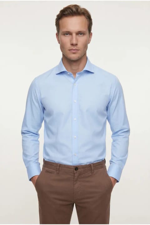 D'S Damat اسلیم فیت آبی کلاسیک پیراهن آستین بلند اتوآسان با یقه کراواتی
