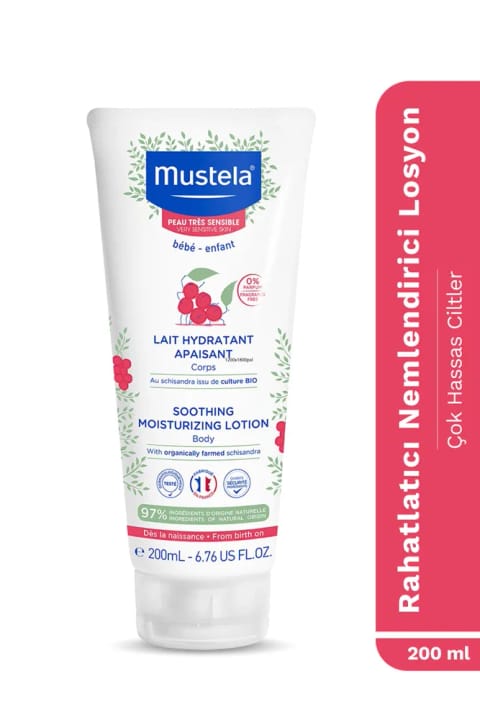 Mustela لوسیون بدن تسکیندهنده و آرامبخش برای پوستهای بسیار حساس با ۹۷٪ محتوای طبیعی