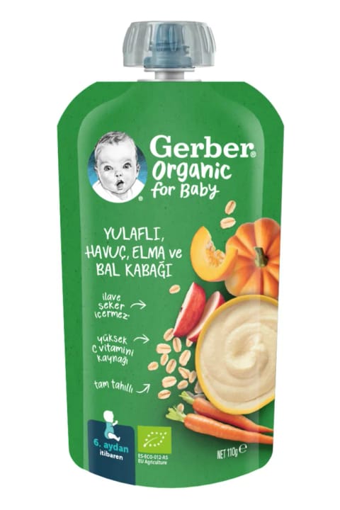 GERBER پوره ارگانیک سیب، هویج و کدو حلوایی با جو دوسر ۱۱۰ گرم (۱ عدد)