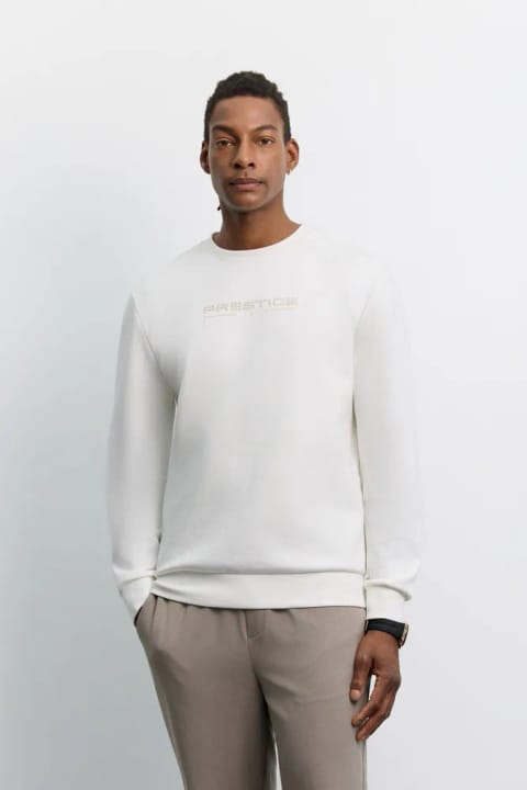سویشرت اینترلاک یقه گرد آستین بلند طرح‌دار با اتوی آسان کرم