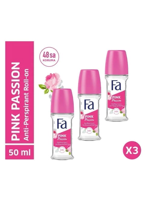 Fa Pink Passion رول‌آن دئودورانت ۳×۵۰ میلی‌لیتر ست – رایحه گل معطر، ۴۸ ساعت