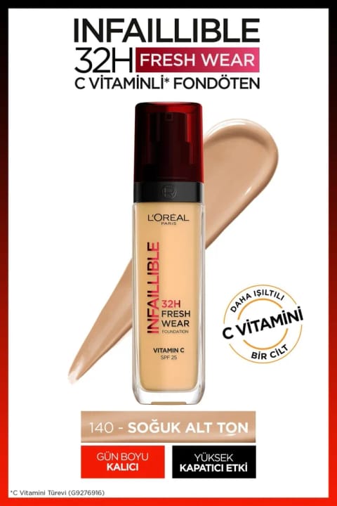 L'Oreal Paris Infaillible 32H Fresh Wear کرم پودر ویتامین C — 140 Golden Beige