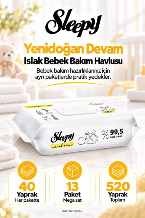 ست مگا ۱۳ عددی دستمال مرطوب نوزاد Sleepy Yenidoğan Devam ۴۰ برگ - R...
