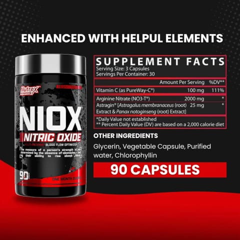Nutrex Niox Nitric Oxide Arginine Nitrate+Vitamin C Muscle Pump Booster 90 قرص